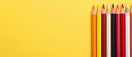 Top view of colored pencils on a light yellow background. Copy space and space for text. photo