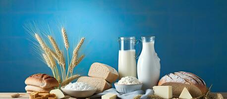 shavuot es un judío fiesta celebrado con lechería productos, queso, tradicional pan, Leche foto