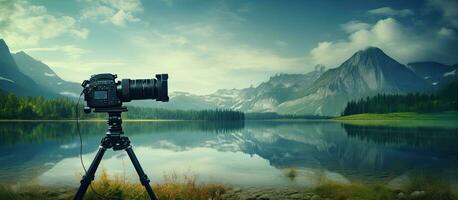 A banner with copy space featuring a professional video camera against a background of a lake photo