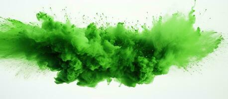 Green powder or dust explosion in a square border on a white backdrop, available space for use. photo