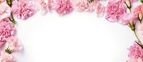 A pink carnation flower frame on a white background with a blank space in the middle. It is photo