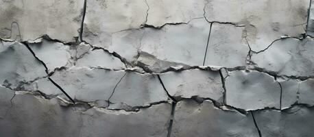 Close-up of an old concrete wall with a large ascending crack, dividing the square surface into photo