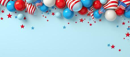 American Independence Day decorations on a pastel blue background. is taken from a top-down photo