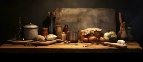 The cutting board in the kitchen is old and brown. It is placed alongside other kitchen utensils photo