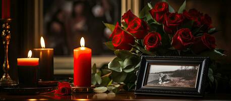 A funeral home table is adorned with a black photo frame containing burning candles and a red