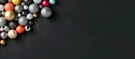 A horizontal banner with a gray and black paper background displays colorful candy balls and photo