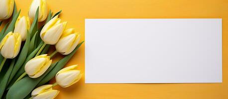 cork bulletin board and a white piece of paper are yellow tulips. empty space available for photo