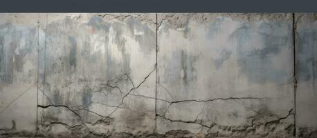 Close-up of an old concrete wall with a large ascending crack, dividing the square surface into photo