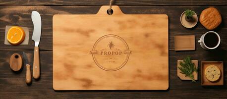 The Wood Cutting Board Mockup Set is an isolated image with a vintage chopping board background. photo