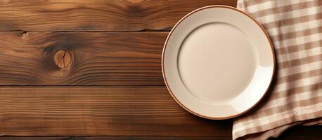 brown wooden background with an empty plate and a linen napkin on top. empty space available photo
