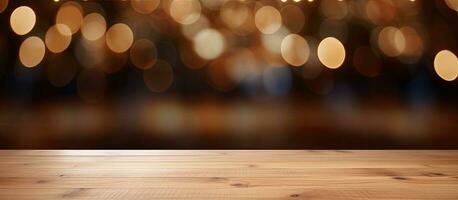 An empty wooden table is placed in front of a blurred abstract background. This wood table top photo