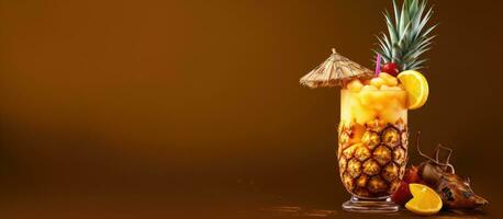 un tropical piña colada beber, con o sin alcohol, servido en un tiki vaso decorado con foto