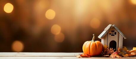 Hello Autumn This image presents an autumnal background with a toy house and pumpkin on a wooden photo