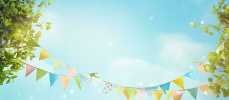 The background template banner with copy space features a colorful pennant string decoration photo