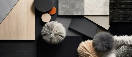 Flat lay composition in shades of grey and black with various textile and paint samples, lamella photo