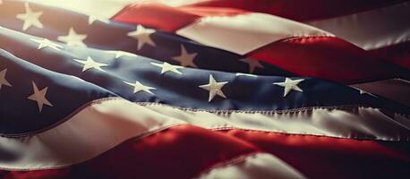 Independence Day, an American Flag in close-up, with a retro bottom view. is blurred, with copy photo