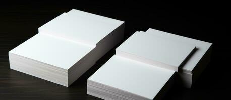 White business cards with space to write on them against a black background. Represents business, photo