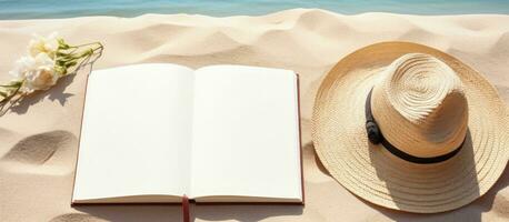A blank writing book is shown with summer beach accessories in the background, providing space photo