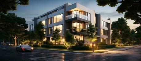 A contemporary residential apartment building with a luxurious exterior and outdoor space. This photo