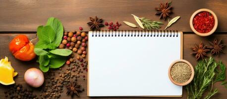 A recipe notepad with herbs and spices is seen from a top view on a wooden white background, photo