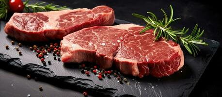 Prime Black Angus Beef Steaks, such as Striploin and Rib Eye, are presented on a stone board photo