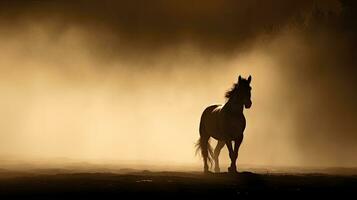 sepia tonificado brumoso amanecer con caballo silueta foto