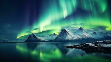 Breathtaking Aurora borealis lights shine over Lofoten s scenic Norwegian mountains photo