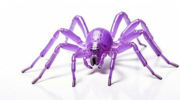 Close up macro shot of a blue violet spider with long legs giving a horror vibe isolated on a white background photo