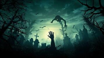 Zombie emerging from graveyard on dark night photo