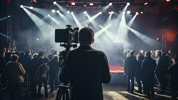 Experienced cameraman recording live event news studio with selective focus photo