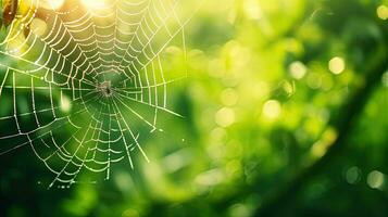 High quality photo of a spider in a web on a green background with selective focus