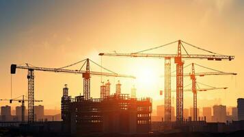 City apartment block in sunlight with construction cranes and unfinished residential buildings photo