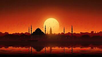Suleymaniye Mosque silhouette at orange sunset photo