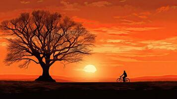 Cyclist amidst sunset marked by silhouetted trees photo