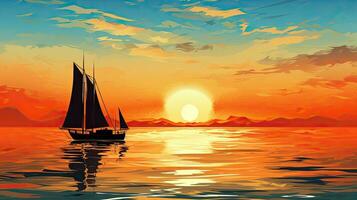 barco contorno en naranja y azul cielo reflejando en el mar foto