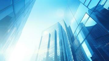 Wide angle view of a steel high rise building in a modern city Representing success and futuristic architecture in the business industry photo