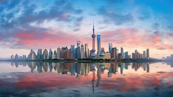 Colorful sky over Huangpu River Shanghai skyline at sunrise photo