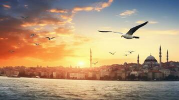 Silhouette of Istanbul cityscape seagull dramatic sunset sky photo