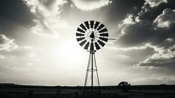 Monochrome image of windmill in field with cloudy backdrop photo