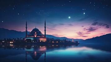 Beautiful mosques and minarets are shown in a stunning landscape after sunset photo