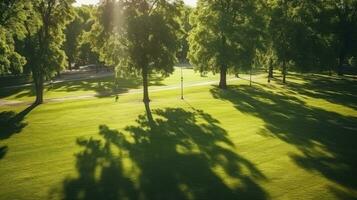 A sunny day in a city park with trees casting shade on a green lawn captured from above photo