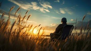 Elderly man observing sunset Tall reeds Beautiful cirrus clouds Sunrays on shoulders Serene people idea photo