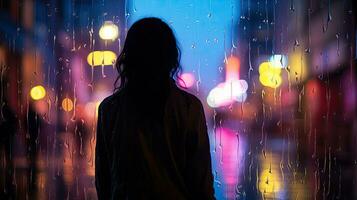 Raindrops on a blurred silhouette of a girl through a glass window on a city street after rain with colorful neon bokeh lights photo