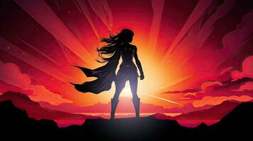 Female superhero depicted in a vector illustration against a sunrise background photo