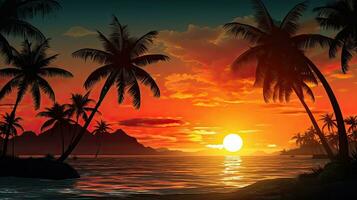 Palm trees silhouetted at sunset in the tropics photo