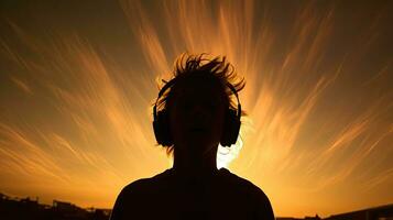 Teenager in headphones dances at sunset photo