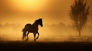 Sepia toned foggy sunrise with horse silhouette photo