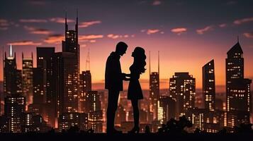 City buildings in cartoon style Realistic miniature buildings with lights in the background Silhouettes of a romantic couple in front of a night city with selective focus photo