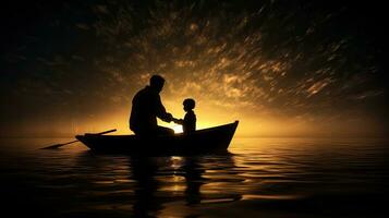 Blurry and noisy silhouette image of father and son on a wooden boat photo