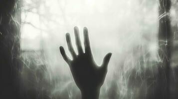 Halloween themed blurred hand shadow on frosted glass in monochrome photo